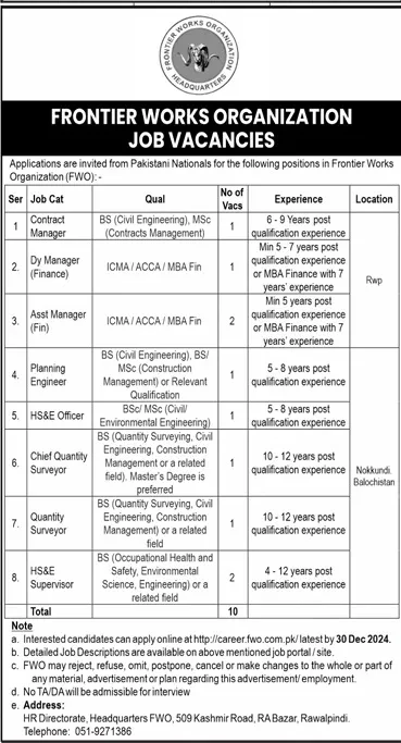 Frontier Works Organization FWO Jobs