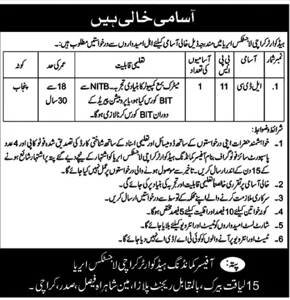 Government Jobs In Pakistan Today Matric Base For LDC