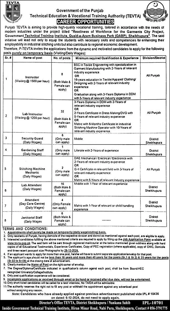 TEVTA Jobs For Lab Attendant